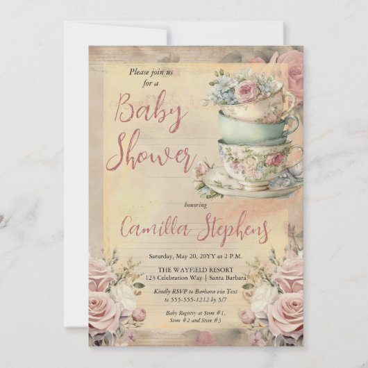 Elegante roze bloementheekoppen Meisje Baby shower Kaart (Voorkant)