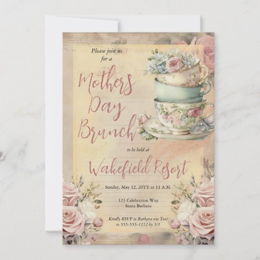 Elegante roze bloementheekoppen Moederdag Brunch Kaart (Voorkant)