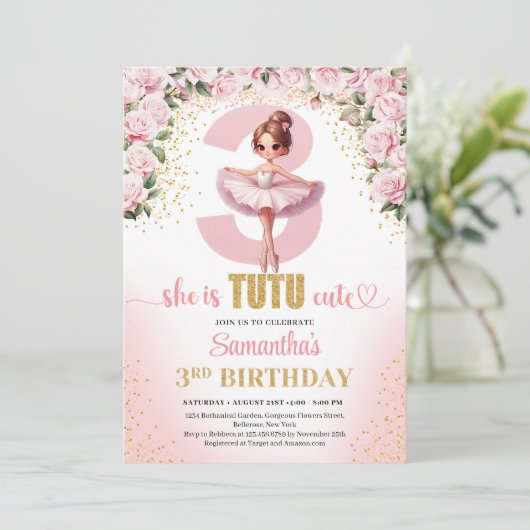 Elegante roze bloementutu jurk goud meisje 3e kaart (Staand voorkant)