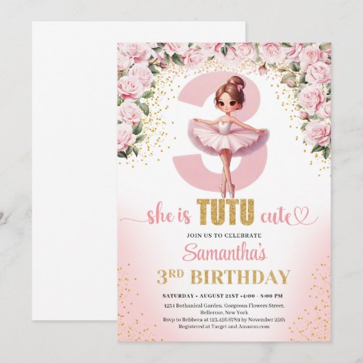 Elegante roze bloementutu jurk goud meisje 3e kaart (Voorkant / Achterkant)