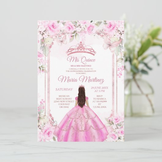 Elegante roze bloemenvlinder prinses Quiñceanera Kaart (Staand voorkant)