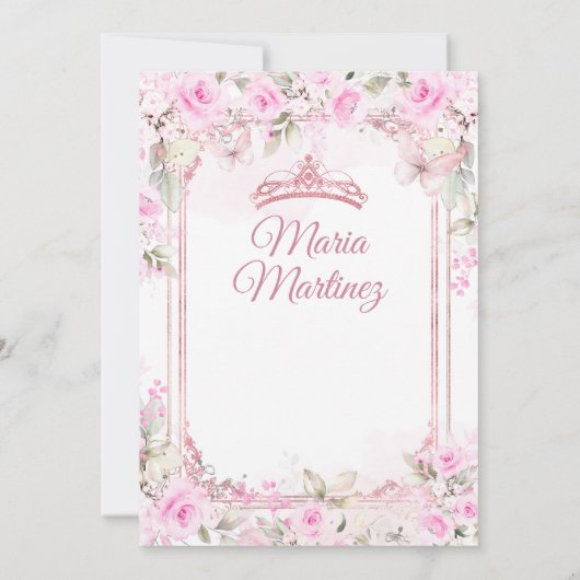 Elegante roze bloemenvlinder prinses Quiñceanera Kaart (Achterkant)