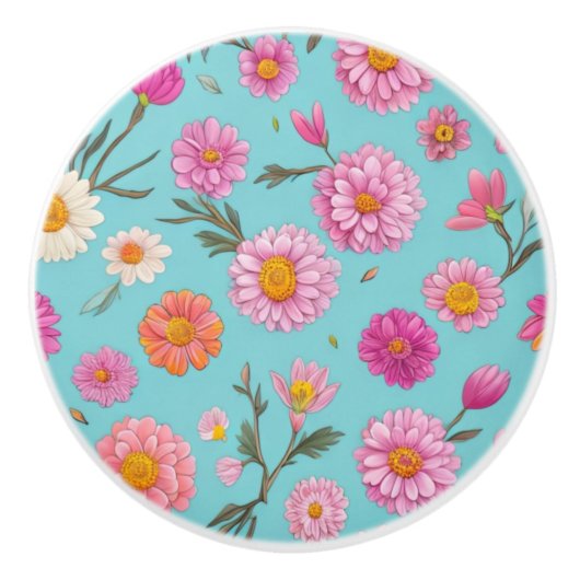 Elegante roze bloemenwitte madeliefjes roze bloeme keramische knop (Voorkant)