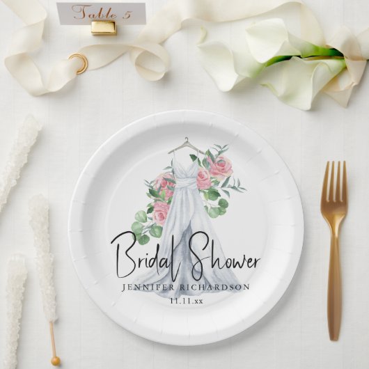 Elegante roze bloemetjes en groen - vrijgezellenfe papieren bordje (Huwelijk)