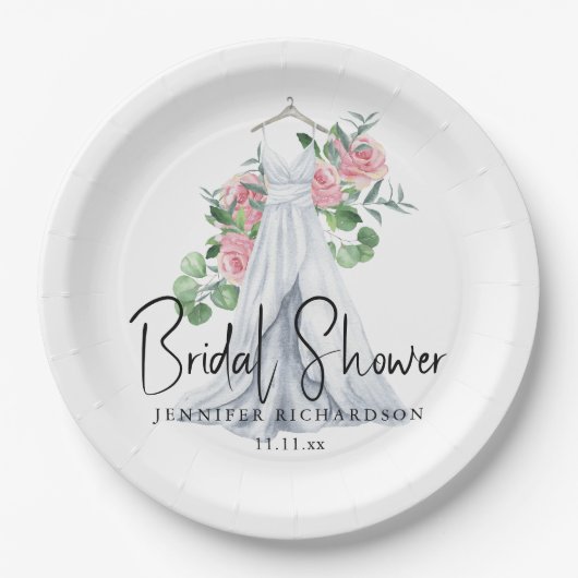 Elegante roze bloemetjes en groen - vrijgezellenfe papieren bordje (Voorkant)