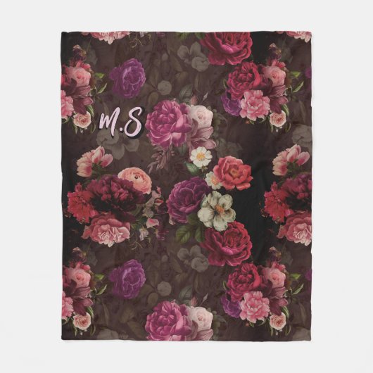 Elegante roze bloemetjes en rozen zwart bloemenkle fleece deken (Voorkant)