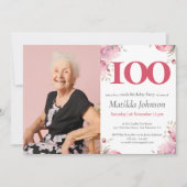 Elegante roze bloemfoto 100ste verjaardagsfeestje kaart (Voorkant)
