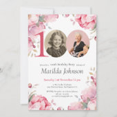 Elegante roze bloemfoto 100ste verjaardagsfeestje kaart (Voorkant)