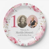 Elegante roze bloemfoto 100ste verjaardagsfeestje papieren bordje (Voorkant)