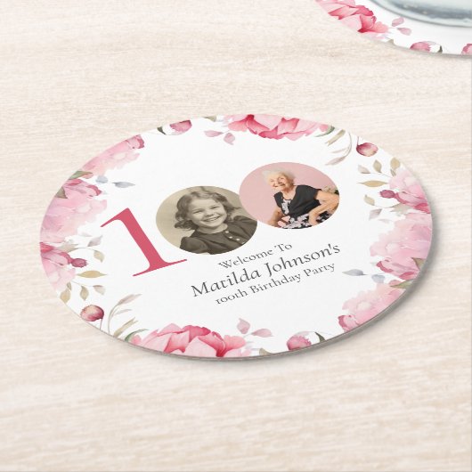 Elegante roze bloemfoto 100ste verjaardagsfeestje ronde kartonnen onderzetter (Gebogen)