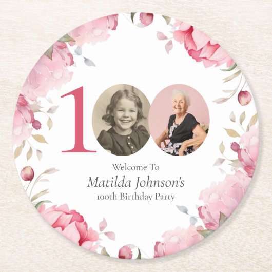 Elegante roze bloemfoto 100ste verjaardagsfeestje ronde kartonnen onderzetter (Voorkant)