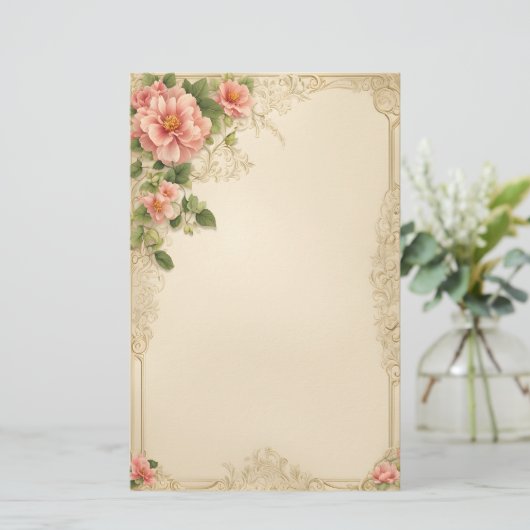 Elegante roze bloemig op ivoren achtergrond briefpapier (Staand voorkant)