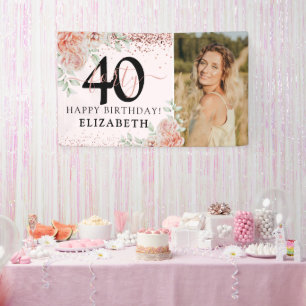 Elegante Roze Bloemige 40e Verjaardagsfoto Spandoek