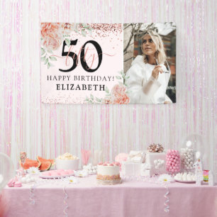 Elegante Roze Bloemige 50e Verjaardagsfoto Spandoek