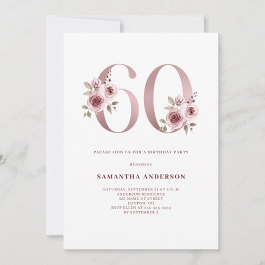 Elegante Roze Bloemige 60e Verjaardag  Kaart (Voorkant)
