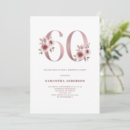 Elegante Roze Bloemige 60e Verjaardag  Kaart (Staand voorkant)