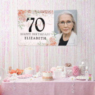 Elegante Roze Bloemige 70e Verjaardagsfoto Spandoek