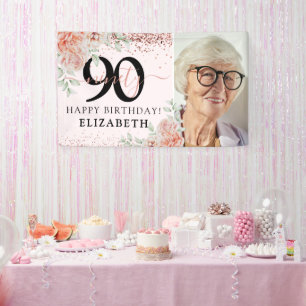 Elegante Roze Bloemige 90e Verjaardagsfoto Spandoek