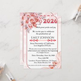 Elegante Roze Bloemige Aquarel Afstudeerfeest Kaart