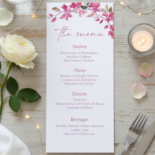 Elegante Roze Bloemige Aquarel Bruiloft Menu