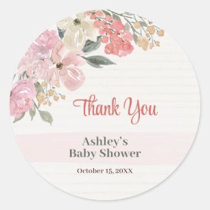 Elegante Roze Bloemige Baby Shower Bedank Sticker