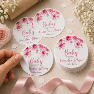 Elegante Roze Bloemige Baby Shower Ronde Sticker