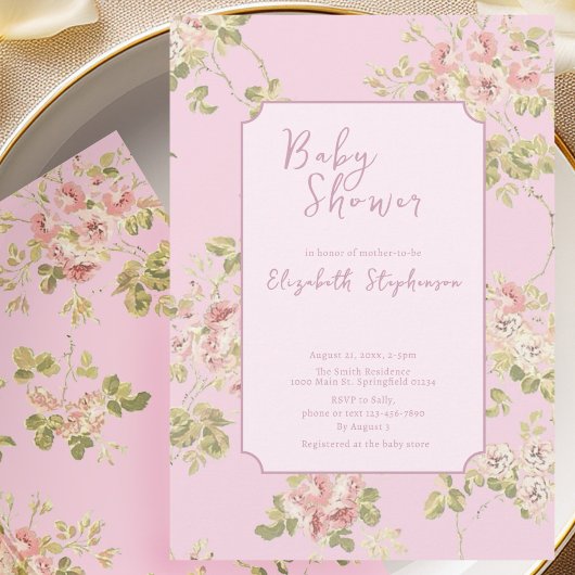 Elegante roze bloemige babyshower uitnodiging