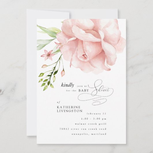 Elegante roze bloemige babyshower uitnodiging (Voorkant)