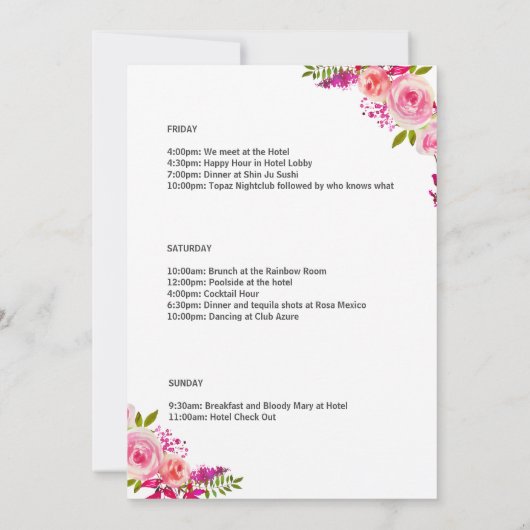 Elegante Roze Bloemige Bachelorette-weekend Itiner Kaart (Achterkant)