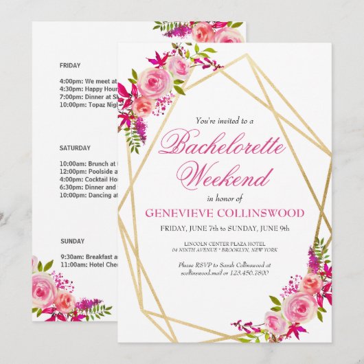 Elegante Roze Bloemige Bachelorette-weekend Itiner Kaart (Voorkant / Achterkant)