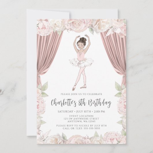 Elegante roze bloemige ballerina bruin haar verjaa kaart (Voorkant)