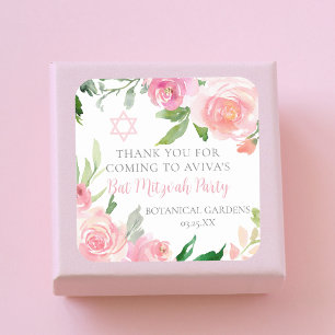 Elegante Roze Bloemige Bat Mitzvah Feest Custom Vierkante Sticker
