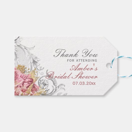 Elegante Roze Bloemige Bruidsbruiloft Cadeaulabel (Voorkant (Horizontaal))
