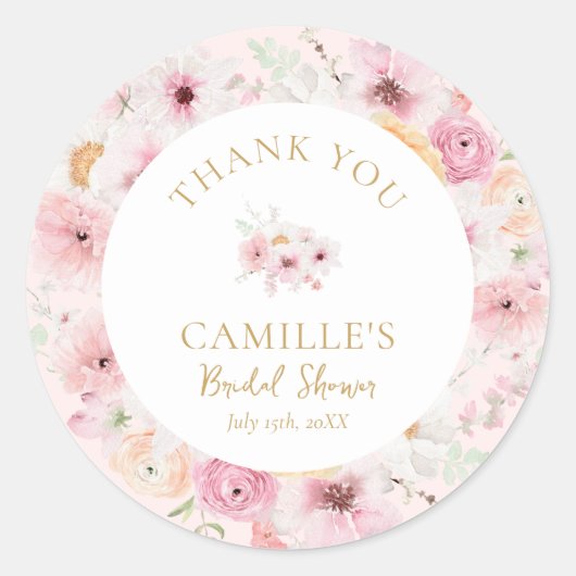 Elegante roze bloemige bruidsdouche ronde sticker (Voorkant)