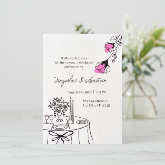 Elegante Roze Bloemige Bruiloft Kaart (Staand voorkant)