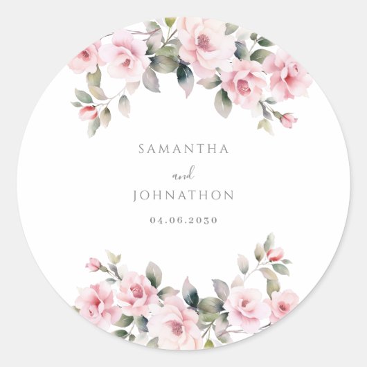 Elegante Roze Bloemige Bruiloft Ronde Sticker (Voorkant)
