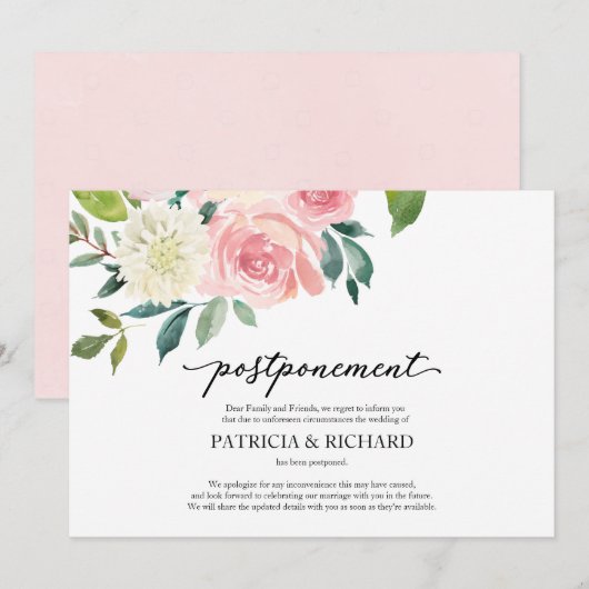Elegante Roze Bloemige Bruiloft Uitstel Kaart (Voorkant / Achterkant)
