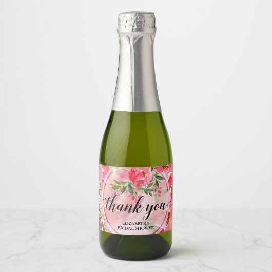 Elegante Roze Bloemige Bruiloftsborrel Mini Sparkling Wijnetiket (Voorkant)