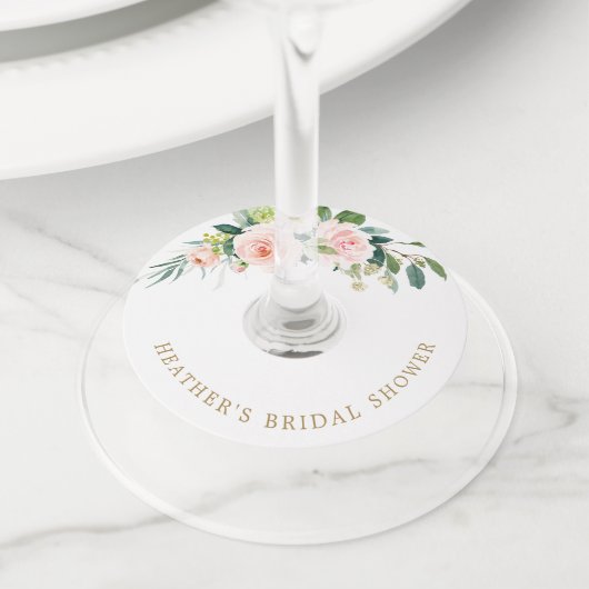 Elegante Roze Bloemige Bruiloftsborrel Wijnglaslabel (Dichtbij)