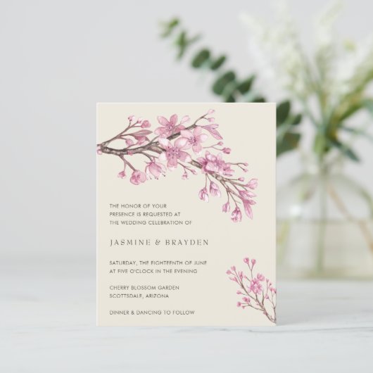 Elegante Roze Bloemige Budget Trouw Uitnodiging (Staand voorkant)