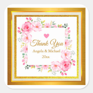 Elegante Roze Bloemige Dankjewel Bruiloft Favor Vierkante Sticker