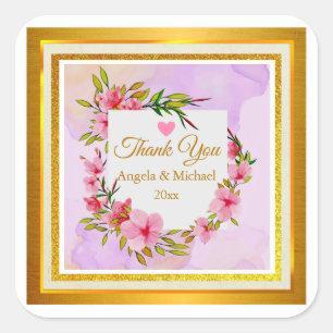 Elegante Roze Bloemige Dankjewel Bruiloft Favor Vierkante Sticker