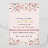 Elegante roze bloemige foto doop folie uitnodiging (Voorkant)