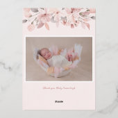 Elegante roze bloemige foto doop folie uitnodiging (Achterkant)