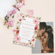 Elegante Roze Bloemige Fototrouhuwelijksuitnodigin
