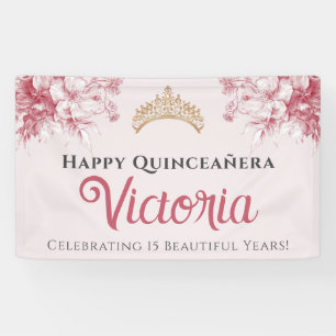 Elegante Roze Bloemige Gelukkige Verjaardag Quince Spandoek