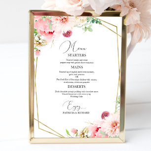 Elegante Roze Bloemige Geometrische Trouwmenu Poster