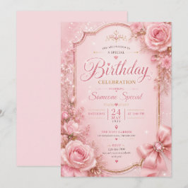 Elegante Roze Bloemige Glitter Verjaardagsuitnodig Kaart