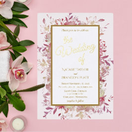 Elegante Roze Bloemige Gouden Folie Bruiloft  Uitnodiging