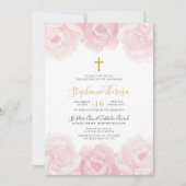 Elegante roze bloemige gouden kruis meisjes doop kaart (Voorkant)